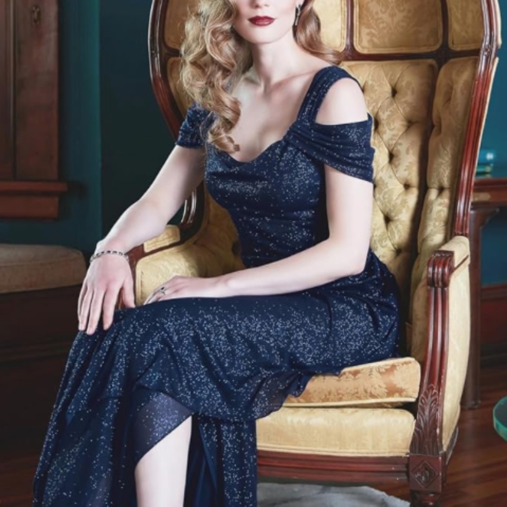 Alex Evenings Cold Shoulder Glitter Mesh Navy Dress Draped Skirt & Cowl Neckline